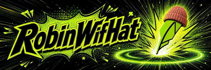 A vibrant green and black logo reading 'ROBINWITHHAT' with a green pen wearing a pink beanie hat, set against a comic-style action burst background.