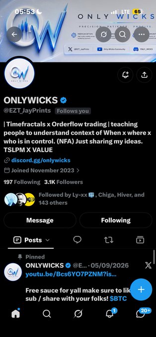 A Twitter/X profile page for 'ONLYWICKS' (@EZTJayPrints), showing 3.1K followers, 197 following, and a bio about teaching time fractals and orderflow trading with a Discord link.