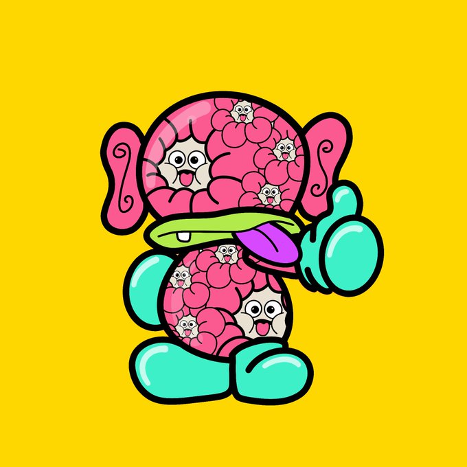 A colorful cartoon illustration on a bright yellow background depicting a character with a transparent pink brain body filled with smaller smiling brain creatures, wearing teal gloves and boots.