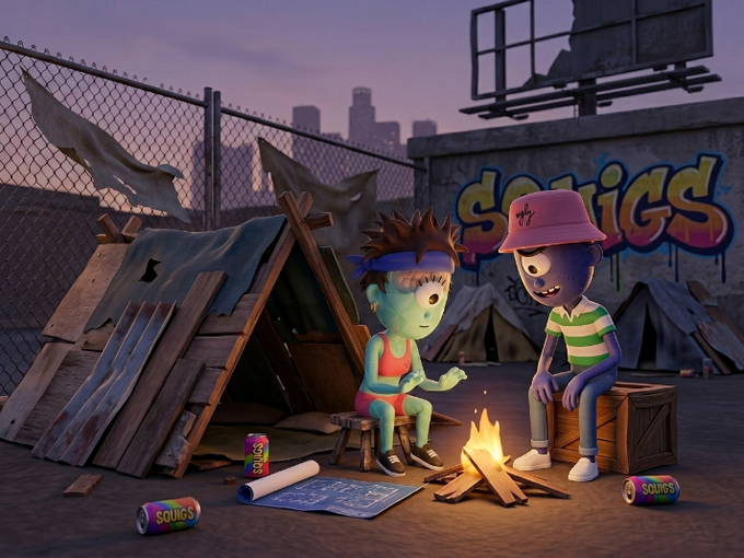 A 3D rendered scene showing two zombie-like characters sitting by a campfire on a rooftop with 'SQUICS' graffiti, surrounded by wooden crates and a makeshift shelter.