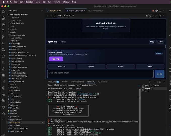 A screenshot of VS Code showing a "Clawed Computer" web interface at localhost:5002, featuring a Solana payment address for tipping ($clawd) and an agent task input field, with the terminal below displaying successful server startup messages. This image directly showcases the Clawd computer project in development, aligning with the welcome announcement and the integration of Solana cryptocurrency for tipping.