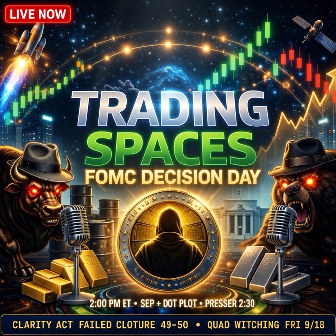 The promotional graphic advertises a live "Trading Spaces" stream titled "FOMC DECISION DAY," featuring bull and bear mascots flanking microphones with gold and oil barrels, while key details like "2:00 PM ET," "SEP + DOT PLOT," and "PRESSER 2:30" are displayed at the bottom, alongside news tickers noting "CLARITY ACT FAILED CLOTURE 49-50" and "QUAD WITCHING FRI 9/18." The image visually reinforces the post's invitation by emphasizing the high-stakes Federal Reserve market event as the focal topic for trading discussion and education.