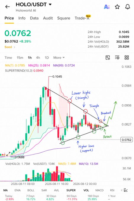A candlestick chart of HOLO/USDT shows a symmetrical triangle pattern forming between approximately $0.0688 support and $0.1045 resistance, with annotated higher lows, lower highs, and a breakout followed by a retest near the current price of $0.0762 (+8.39%), aligning with the post's bullish outlook on $HOLO's compression and breakout structure.
