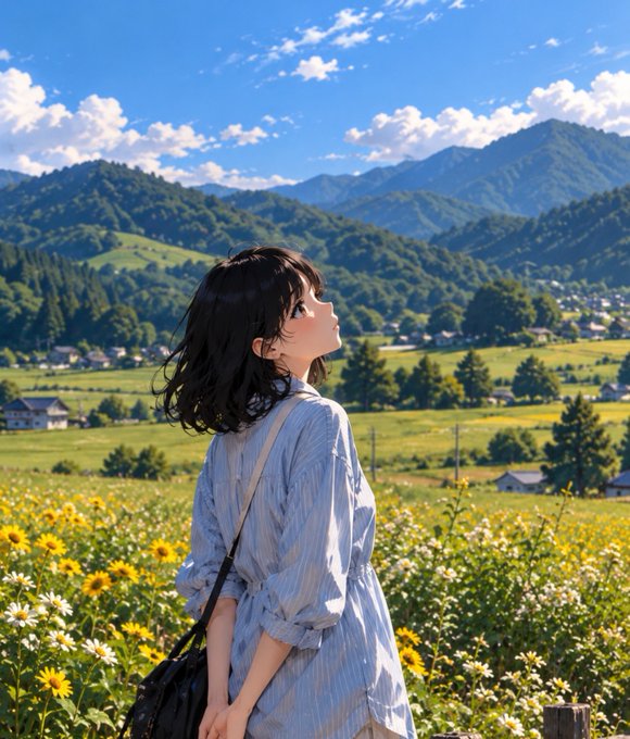An anime-style illustration of a girl with black hair in a blue striped shirt looking up at a bright sky, standing in a field of white and yellow flowers with mountains in the background.