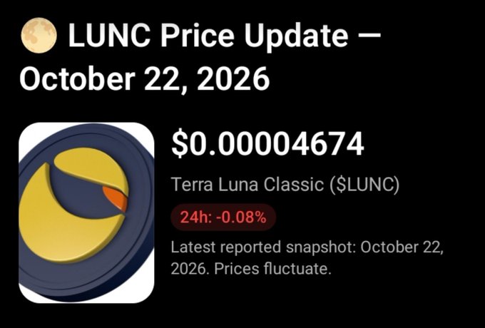 A black price-update card reads “LUNC Price Update — October 22, 2026” and shows “$0.00004674” for “Terra Luna Classic ($LUNC),” with a red “24h: -0.08%” indicator and the note “Latest reported snapshot: October 22, 2026. Prices fluctuate.”