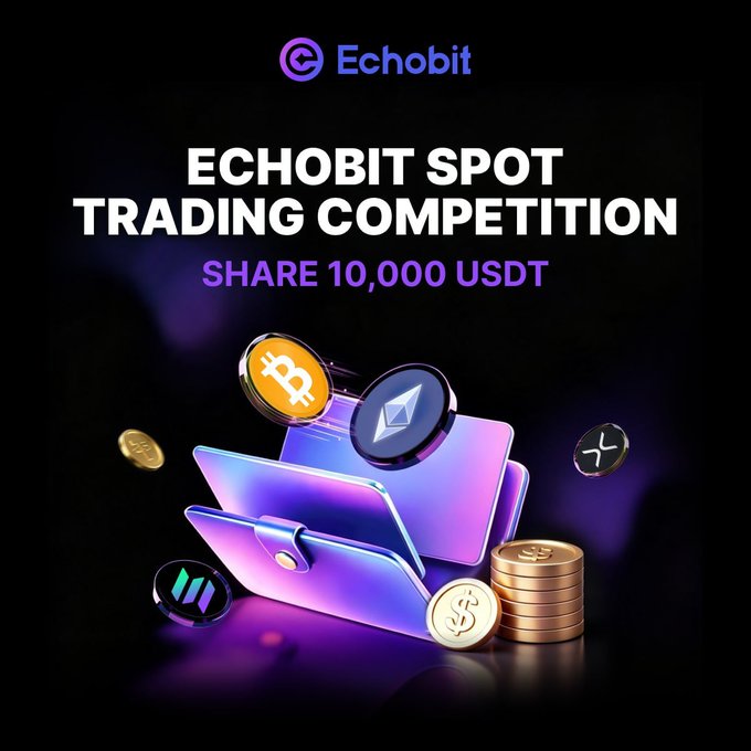 A promotional graphic for the Echobit Spot Trading Competition features the Echobit logo and headline text "ECHOBIT SPOT TRADING COMPETITION - SHARE 10,000 USDT" above a 3D illustration of a purple wallet with floating Bitcoin, Ethereum, XRP, and Solana coins, visually representing the four eligible trading pairs (BTC/USDT, ETH/USDT, XRP/USDT, and SOL/USDT) competing for equal shares of the 10,000 USDT prize pool.