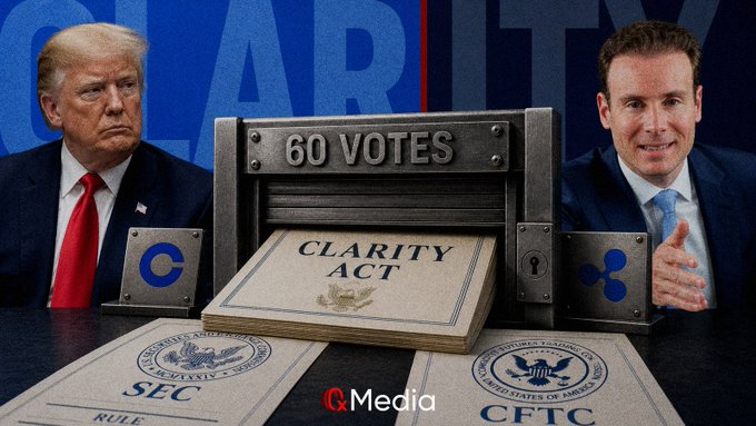 Two men and Donald Trump appear in an image, with an old-fashioned voting machine between them with the words "60 votes" above a document says "Clarity Act". "SEC" is visible to one side, while "CFTC" visible to the other, referencing the agencies mentioned in the accompanying text, which relate to the funding bill stuck in the Senate.
