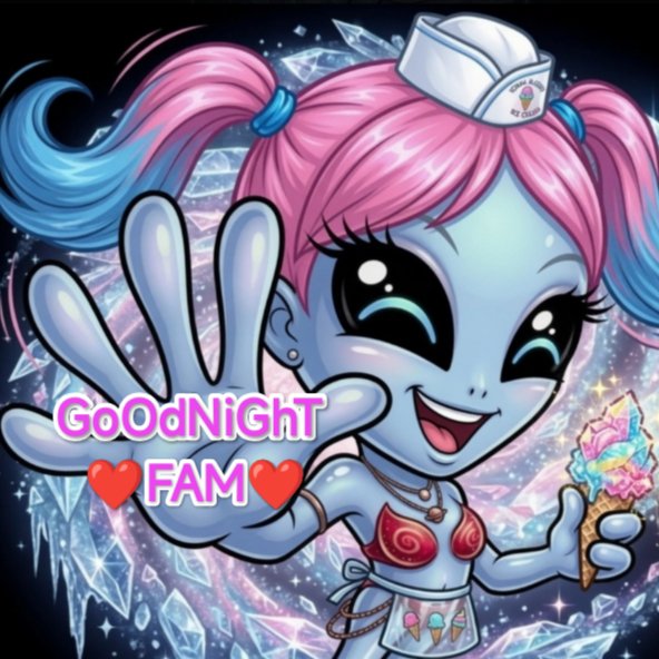 The image features a cartoon character with blue hair wearing a pink hat and holding an ice cream cone. The caption of the image reads "Goodnight Fam" and includes a heart next to the character's face, suggesting that someone has sent her a greeting or message.