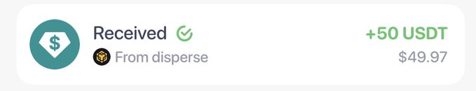 Transaction notification showing a received payment of +50 USDT (valued at $49.97) from an account named 'disperse'.