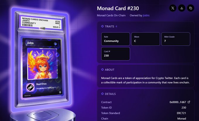 The image shows a digital "Monad Card #230" NFT owned by jabtc, featuring anime-style artwork of "Red Ornis" with traits indicating "Community" role, Wave C, and Mint Grade 7 (ERC721 token on the Monad chain). The card visually represents the user's post about successfully minting Monad card #230 while showcasing its specific characteristics, including the notable Mint Grade 7 trait they asked about.