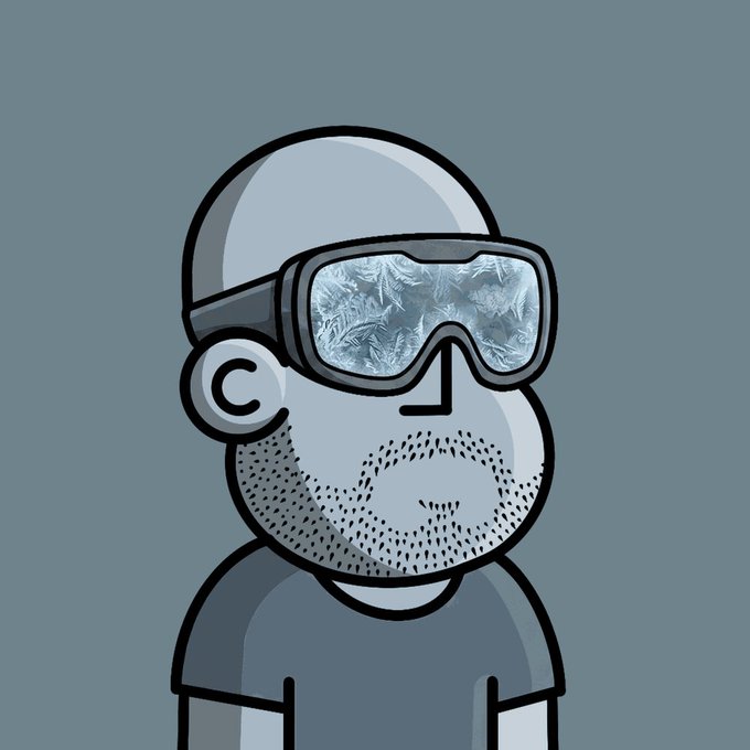 A cartoon illustration of a bearded man wearing a beanie, large frosted ski goggles, and a dark t-shirt against a gray-blue background, with a small copyright symbol on his ear.