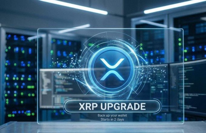 A holographic "XRP UPGRADE" notification displays the XRP logo with text "Back up your wallet - Starts in 2 days" overlaid on a futuristic data center backdrop, visually promoting the urgent post claiming a major XRP Ledger upgrade requiring immediate wallet backup in 48 hours.