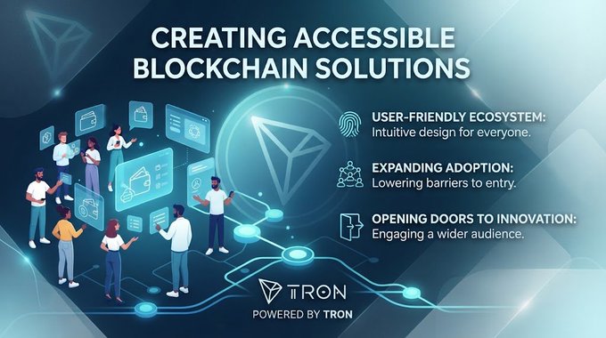 A digital graphic titled 'CREATING ACCESSIBLE BLOCKCHAIN SOLUTIONS' features cartoon figures and lists points about user-friendly ecosystems, powered by TRON.