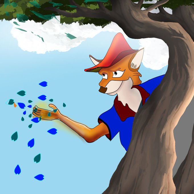 Digital illustration of an anthropomorphic fox wearing a red hat and blue shirt, reaching out from behind a tree with blue leaves falling from its hand.