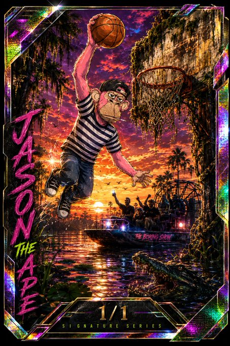 A stylized basketball trading card featuring a monkey dunking over a swampy sunset scene, labeled 'JASON THE APE' and '1/1 SIGNATURE SERIES'.