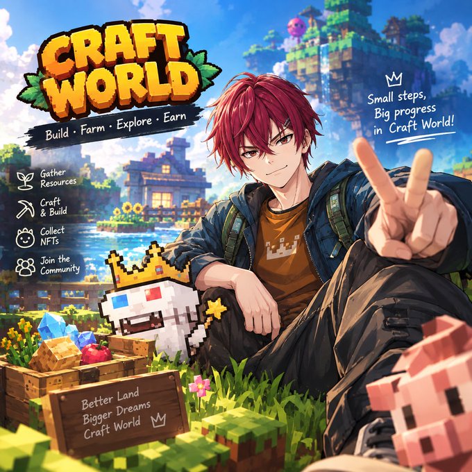 An anime-style promotional graphic titled 'CRAFT WORLD - Build, Farm, Explore, Earn' features a red-haired anime character making a peace sign alongside a pixel art crowned slime, with a Minecraft-style floating island background and text 'Small steps, Big progress in Craft World!' and 'Better Land Bigger Dreams Craft World'.