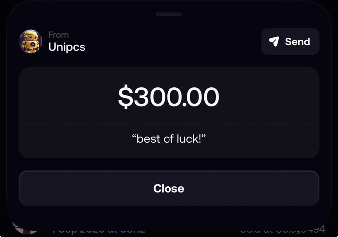 A digital payment notification from "Unipcs" showing a $300.00 send with the message "best of luck!" The image illustrates the post's claim about earning $600 in 24 hours, representing one of two $300 payments received via mobile after quoting a specific Twitter user and signing up through a referral link.