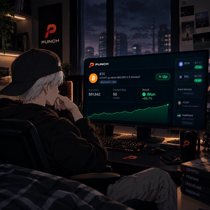 An anime-style illustration of a person with white hair sitting at a desk looking at a monitor displaying 'PUNCH' cryptocurrency trading data, including 'BTC' and 'ETH', with a city skyline visible through the window.