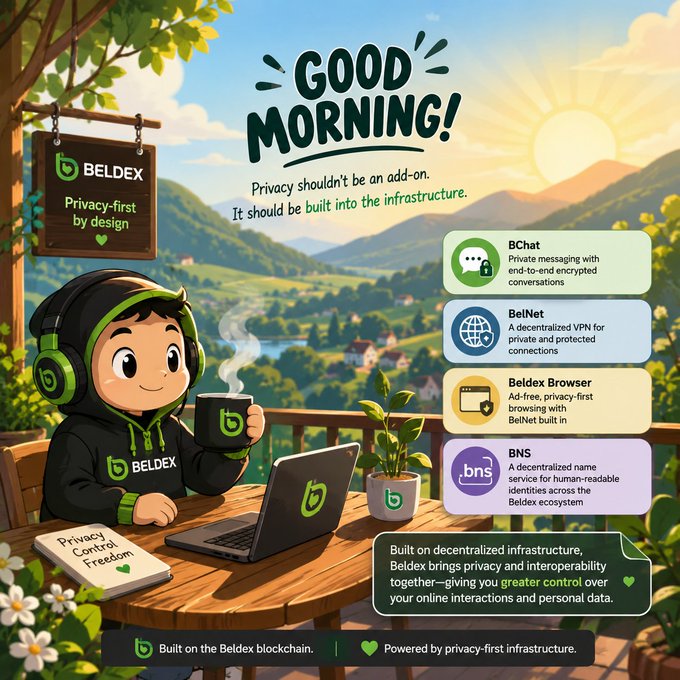 A promotional graphic for 'BELDEX' featuring a cartoon character with a laptop and coffee mug, promoting 'Good Morning!' with privacy-first services including BChat, BelNet, Beldex Browser, and BNS.