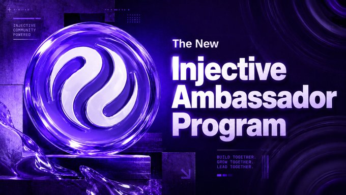 The image features a purple logo with white swirls, which reads "The New Injective Ambassador Program". The text suggests that this program is expanding its reach by inviting creators who can produce high-quality content that gets attention. The program offers rewards for those who meet certain criteria and collaborate with other creators to build a strong online presence together.