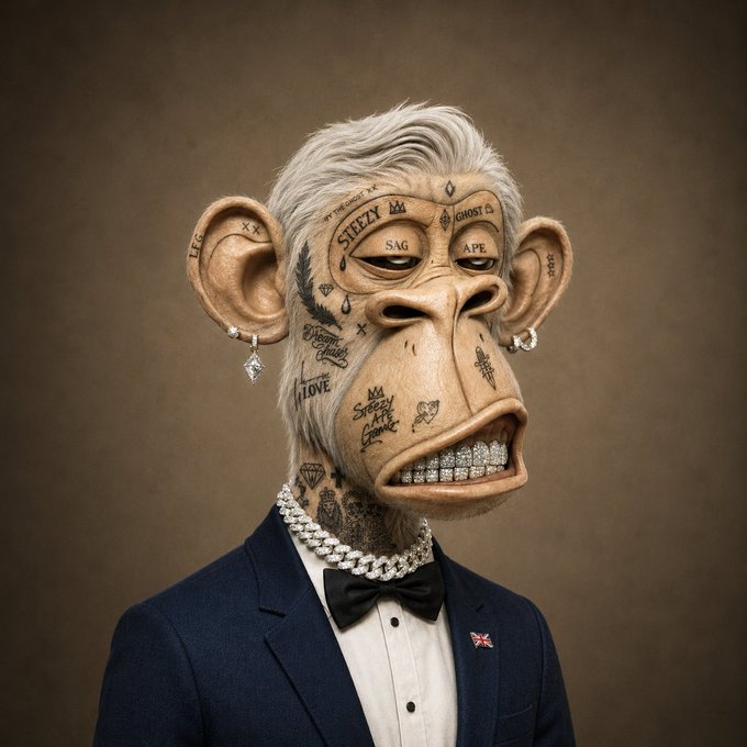 A 3D rendering of a Bored Ape-style monkey character with white hair, multiple facial tattoos (including "STEEZY", "SAG APE", "LOVE"), and diamond grillz, wearing a blue suit and a Union Jack lapel pin.