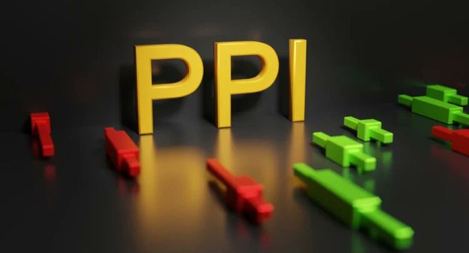 Large 3D yellow "PPI" letters stand prominently against a dark background, surrounded by scattered red and green arrows indicating market movements. The image visually reinforces the post about U.S. Producer Price Index data, with the red and green arrows symbolizing the mixed market reaction to inflation coming in lower than forecast.