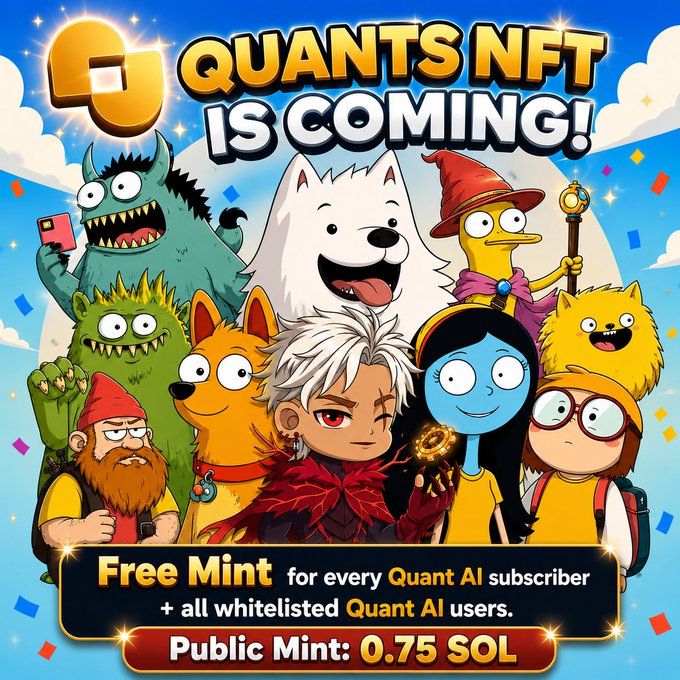 A colorful promotional poster for 'QUANTS NFT IS COMING!' featuring various cartoon characters including a white dog, monsters, and warriors, offering 'Free Mint for every Quant AI subscriber + all whitelisted Quant AI users' with 'Public Mint: 0.75 SOL'.