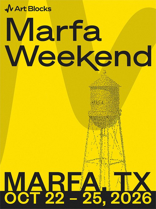 The image features a poster for an art event called "Marfa Weekend" that took place on October 22nd, 25th, and 26th, 2016 at the Marfa Art Museum in Texas. The poster includes a water tower illustration of the Texas Water Works Station as part of the event's theme. The text on the poster highlights the importance of supporting local artists and the unique experience offered by this art event.