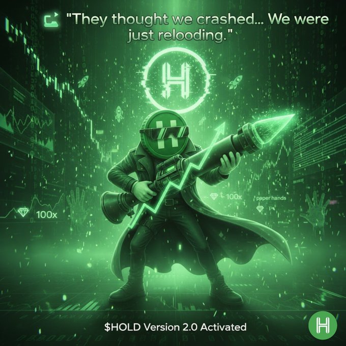 A green-themed crypto/meme graphic featuring a figure with a rocket launcher, displaying the text "They thought we crashed... We were just reloading." and "$HOLD Version 2.0 Activated" with 100x indicators.