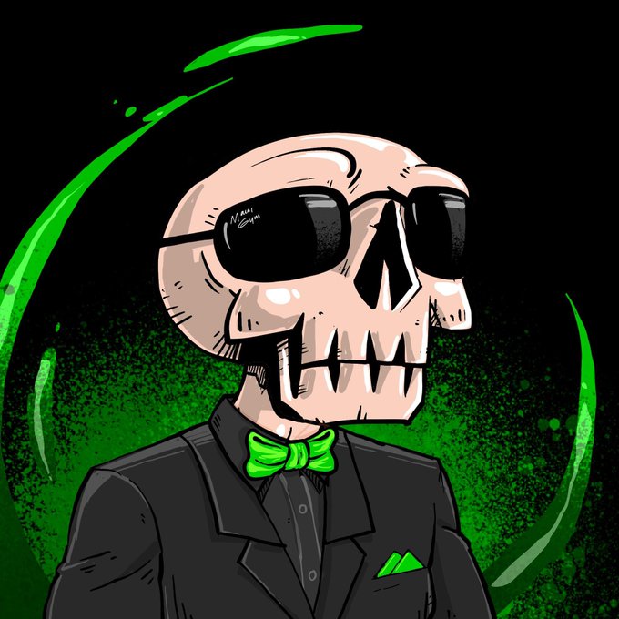 A skull-faced character wears dark sunglasses, a sharp black suit, and a green bow tie, surrounded by glowing green energy swirls. The image ties to the post as a stylized NFT avatar called "Holy Buns," promoting a minting milestone that's nearly 80% complete.