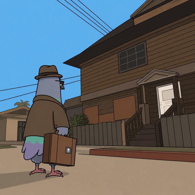 An anthropomorphic pigeon detective in a fedora and trench coat stands before a boarded-up house, holding a briefcase as if preparing to investigate. The image's detective/mystery vibe complements the post's anticipation of an "uGlY gUYs and Aurelia Mint event," suggesting something intriguing or suspenseful may unfold today.