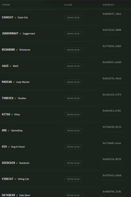 A dark-themed table listing 10 memecoins on "Robinhood Chain" with their token names (CASHCAT, JUGGERNAUT, WISHBONE, 4663, MARIAN, TENDIES, KITSU, GME, DIH, SEEDCOIN, VIBECAT, DATABEAR), all classified as "MEMECOIN" alongside their contract addresses, corresponding to the borrowing collateral options mentioned in the post about Bowline.