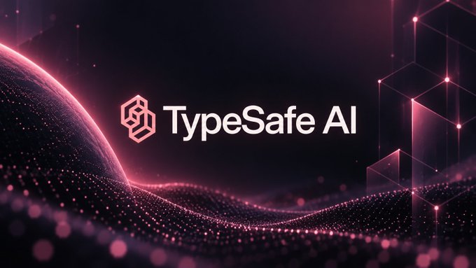 A digital banner reading 'TypeSafe AI' with a hexagonal logo, set against a cosmic wave background in pink and purple tones.