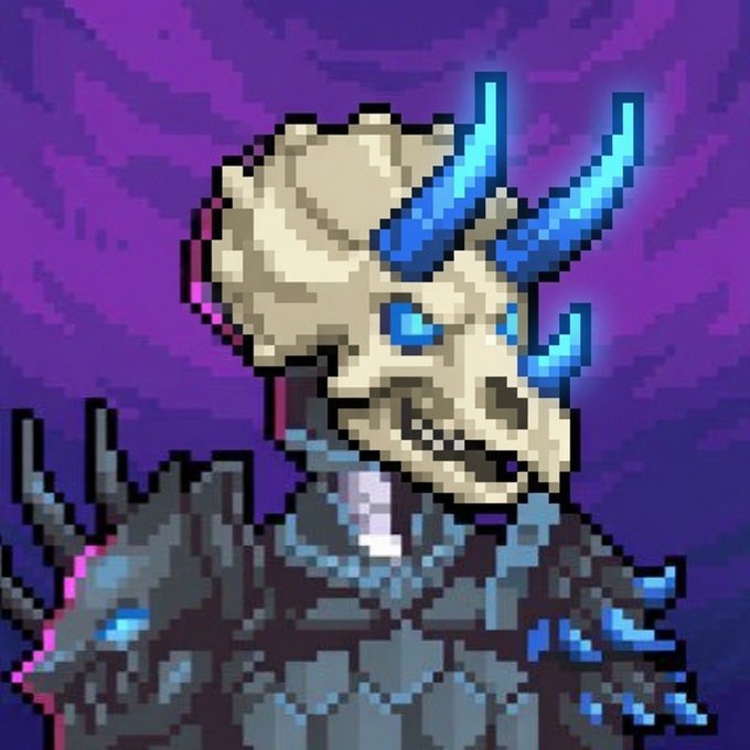 A pixel art illustration of a horned skull-like creature with glowing blue eyes and horns, wearing dark armor against a purple patterned background.