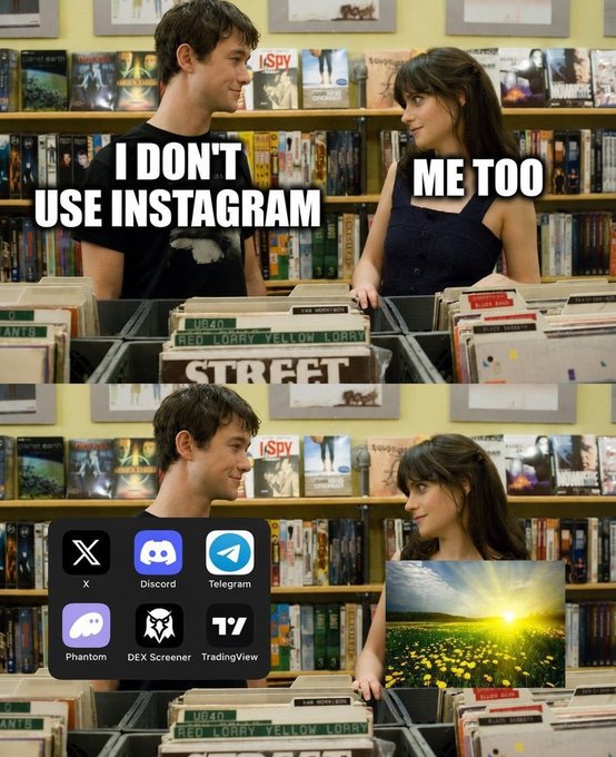A two-panel meme showing a couple in a record store with text 'I DON'T USE INSTAGRAM' and 'ME TOO', with the bottom panel showing cryptocurrency app icons (X, Discord, Telegram, Phantom, DEX Screener, TradingView) instead of Instagram.