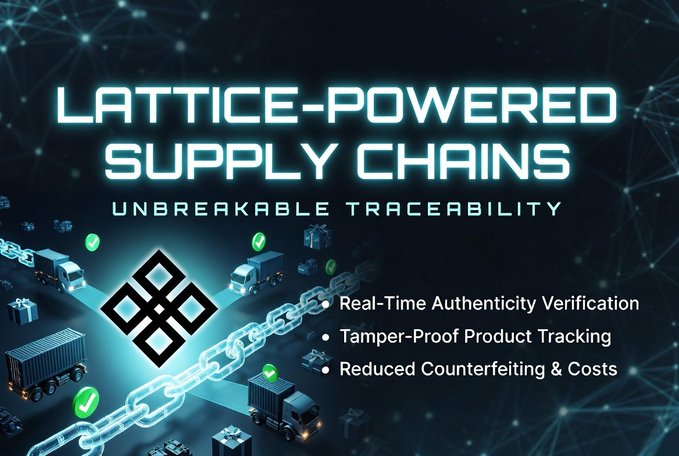 The image is a promotional graphic titled "LATTICE-POWERED SUPPLY CHAINS" with the tagline "UNBREAKABLE TRACEABILITY," featuring a blockchain symbol connected to shipping trucks and cargo boxes alongside key benefits: "Real-Time Authenticity Verification," "Tamper-Proof Product Tracking," and "Reduced Counterfeiting & Costs." This visually reinforces the post's discussion of how @quipnetwork's lattice-based cryptography can secure supply chains by enabling tamper-proof tracking of goods in transit.