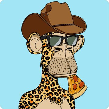 The image depicts an animated cartoon character of a leopard with an animal print design, wearing sunglasses and holding a slice of pizza in its mouth. The character appears to be an ape-like creature from another planet. Below this illustration, there is a text that reads "These two apes sold last night: Cheetah" along with some numbers, presumably indicating the number of "Cheetahs" sold for a certain price. However, it's unclear whether these "Cheetahs" are actually edible treats or represent real-life objects related to the character.
