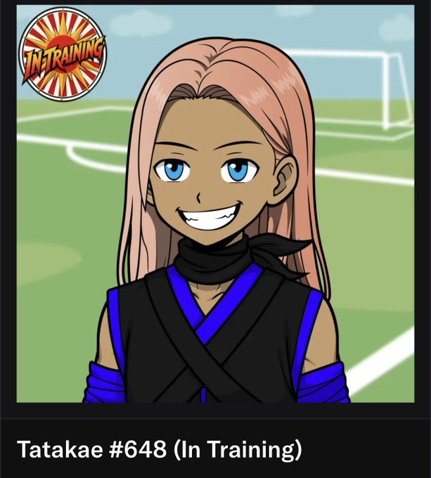 An animated cartoon avatar card showing a smiling female character with long pink hair and blue eyes wearing a black ninja outfit, labeled 'Tatakae #648 (In Training)' with an 'IN TRAINING' badge.