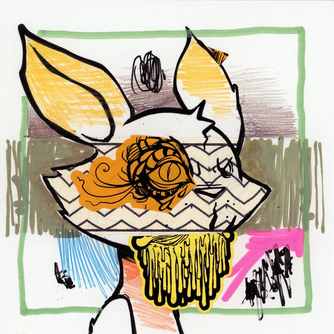 An abstract, child-like drawing featuring a character with large yellow pointed ears or horns, a patterned face, and yellow dripping elements below, set against a colorful background with green, pink, blue, and black scribbles.