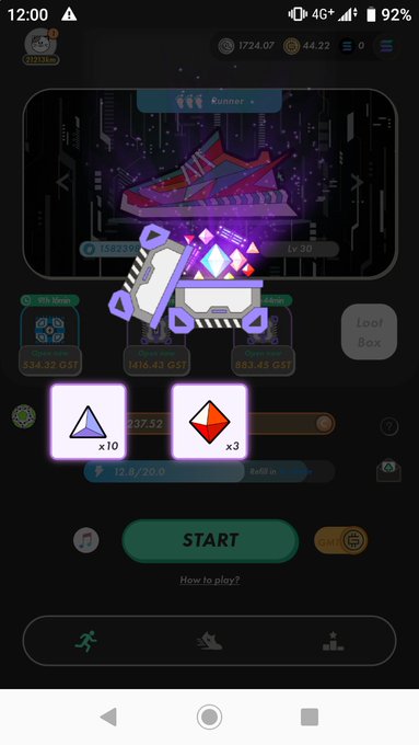 A mobile game interface displaying a Runner shoe NFT, loot boxes with values like 1416.43 GST and 883.45 GST, and a green 'START' button.
