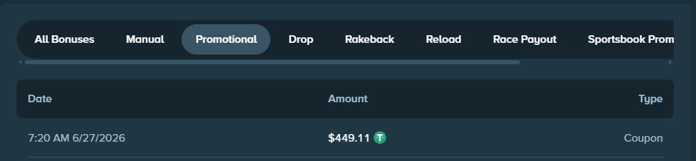 A screenshot of a promotional bonus history page showing a single entry dated 6/27/2026 at 7:20 AM with a $449.11 "T" (Tether) coupon reward, displayed under the "Promotional" filter tab. The image serves as proof of a promotional prize payout being claimed by user @0xlekun via Discord ticket.