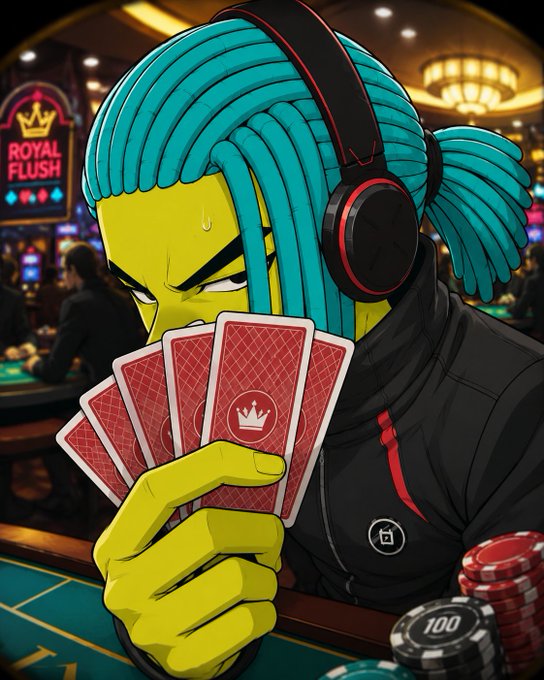 Anime-style illustration of a green-skinned character with teal dreadlocks and red headphones holding five red playing cards (one showing a crown) at a casino table with a 'Royal Flush' sign in the background.