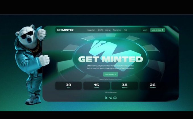 A landing page for the GETMINTED platform showcases a bear mascot in sunglasses next to an airdrop card displaying 15 whitelist spots among 15 members and 26 seconds remaining.