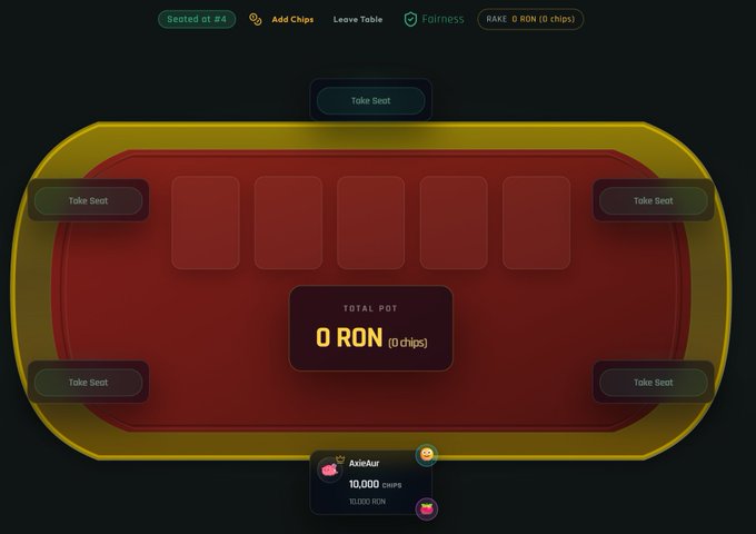 Screenshot of an empty online poker table with red felt, showing 'Take Seat' buttons, a 'TOTAL POT 0 RON' display, and a player named 'AxieAur' with 10,000 chips.