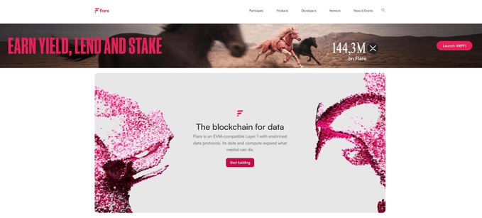A website screenshot for Flare shows the tagline 'EARN YIELD, LEND AND STAKE' with '144.3M' and the heading 'The blockchain for data.'