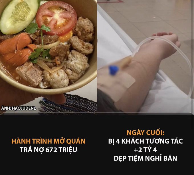 A split image showing a Vietnamese noodle bowl (bún) on the left and an IV drip in a hand on the right, with text about business opening journey paying 672 million debt and closing day events.