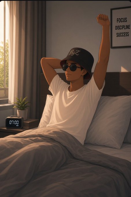An anime-style illustration depicts a character waking up and stretching in bed, wearing sunglasses and a black bucket hat, with a clock showing '07:00 AM' and a poster reading 'FOCUS DISCIPLINE SUCCESS' on the wall.