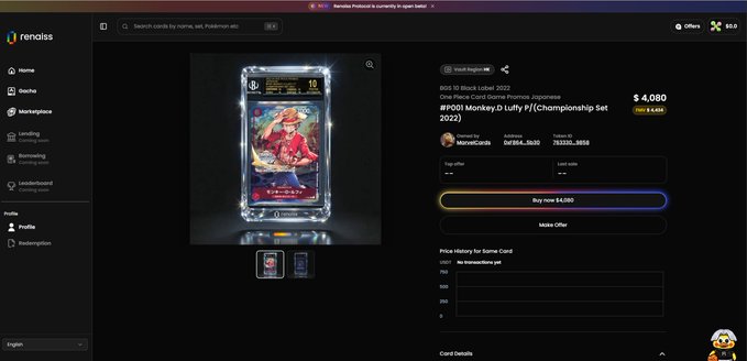 A Renaiss platform marketplace listing for the "#001 Monkey D Luffy P //Championship Set 2023" 808 10 Block Label, one piece card game promo zzppezzess, priced at $4,080.