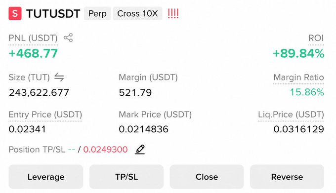 A trading interface displays an open TUTUSDT perpetual position with 10X cross leverage, showing a profit of +468.77 USDT (+89.84% ROI) with an entry price of 0.02341 and a take-profit target set at 0.0249300, celebrating the successful TP2 signal mentioned in the post.