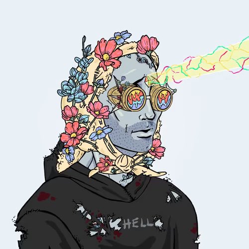 A stylized illustration of a figure wearing round sunglasses with flame reflections, a floral-decorated head covering, and a torn black shirt with the word "HELL" visible.